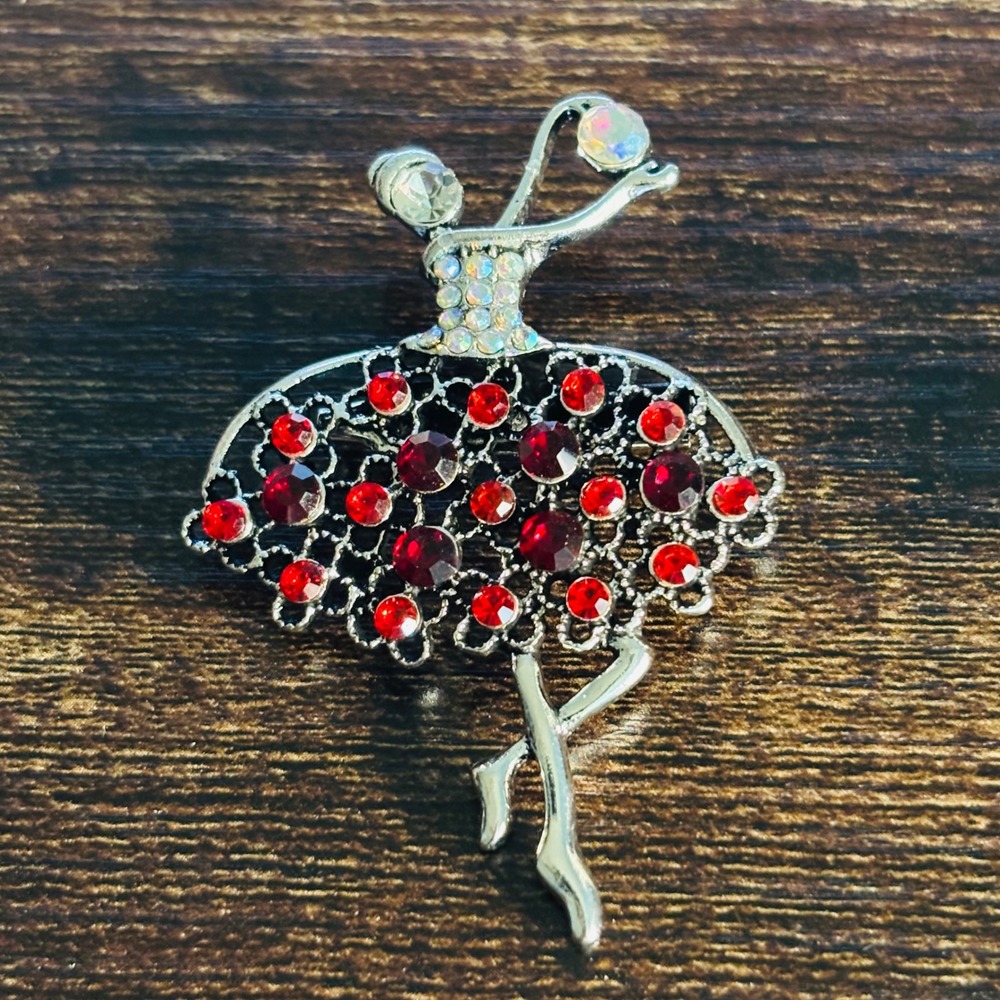 Silver Tone Red Rhinestone Ballerina Dancer Brooch Pin Aurora Borealis Accents